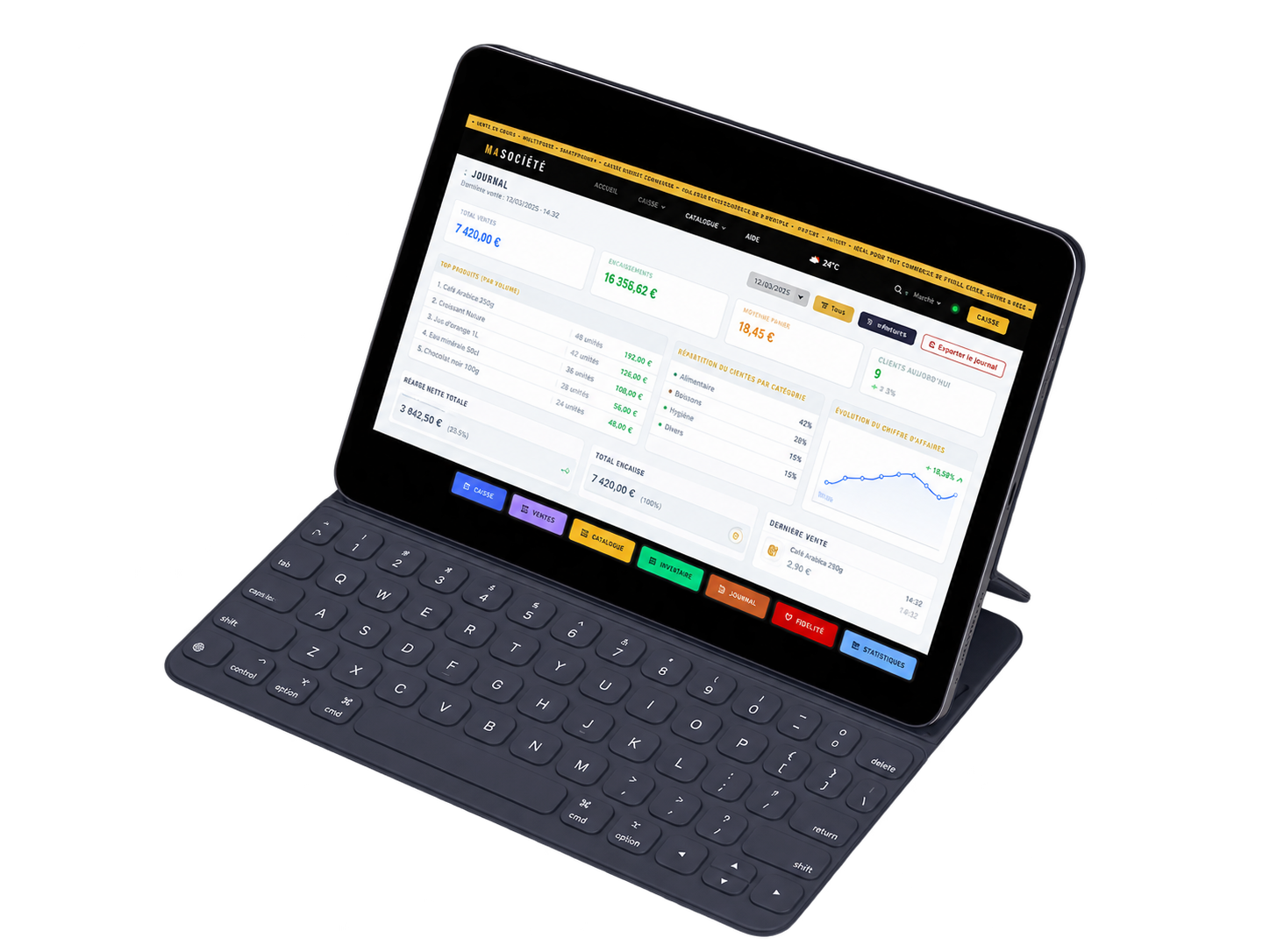 Interface SwiftPos sur iPad avec clavier