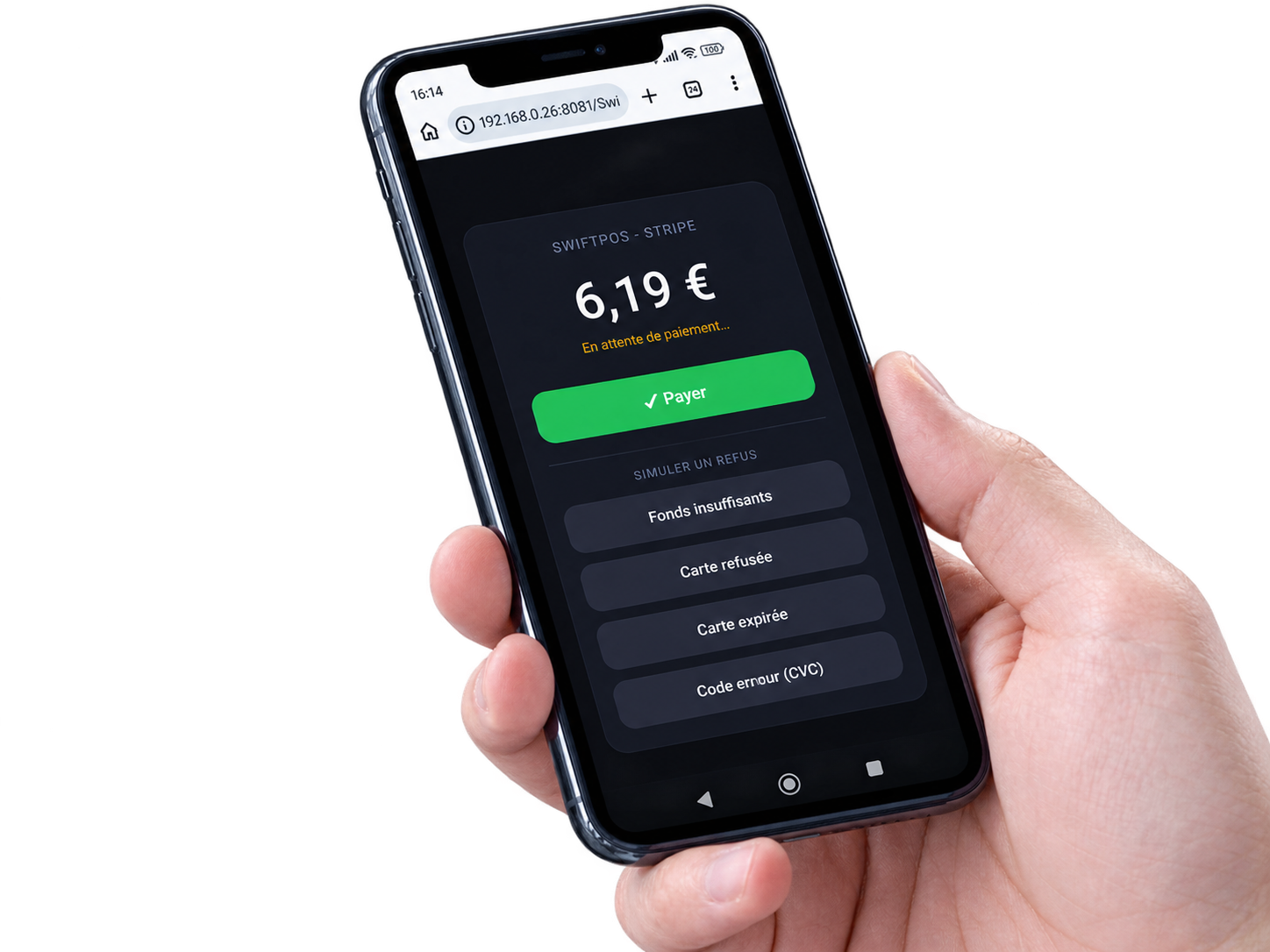 Interface SwiftPos sur iPhone tenu en main