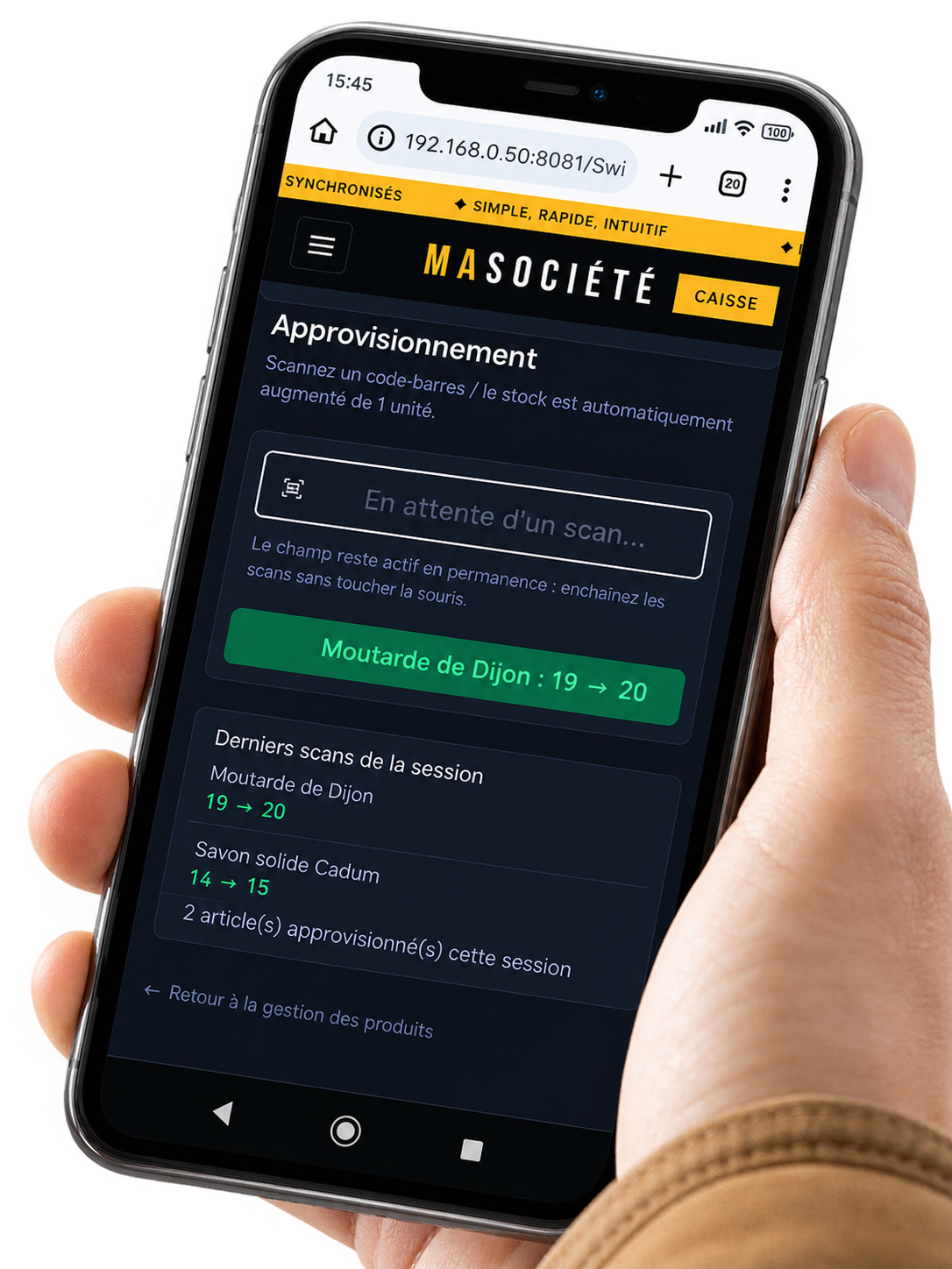 Interface SwiftPos sur iPhone tenu en main